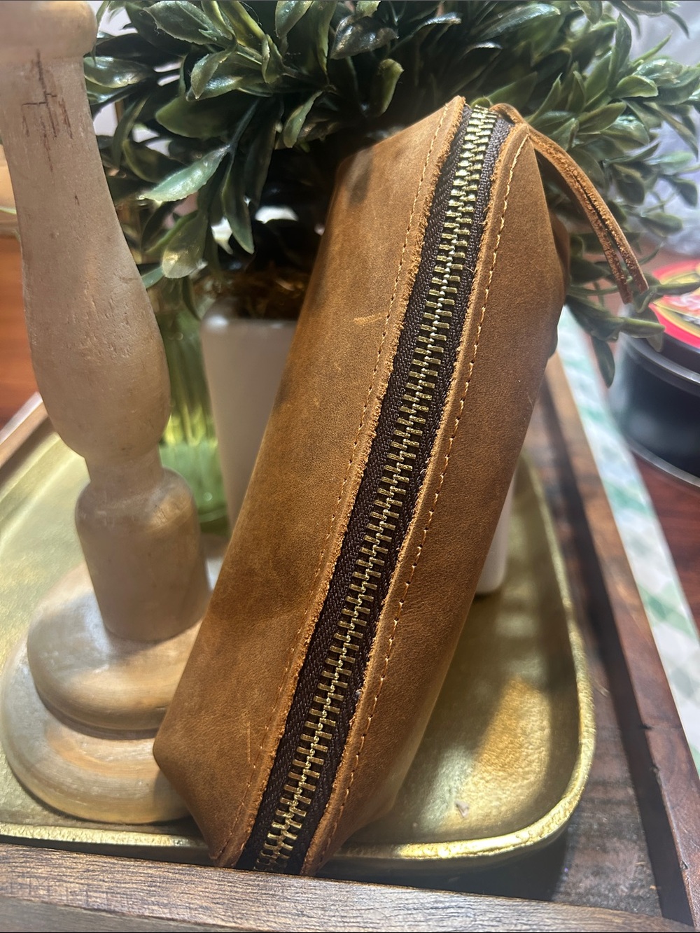 Classic Brown Leather Men's Travel Pencil Pen Pouch Tech Cord Organizer